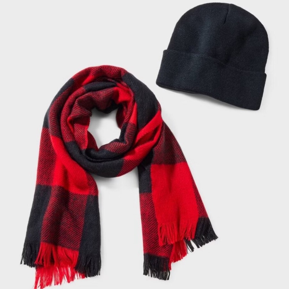 Men's Hat and Scarf Set 2pc - Goodfellow & Co. Red/Black - One Size